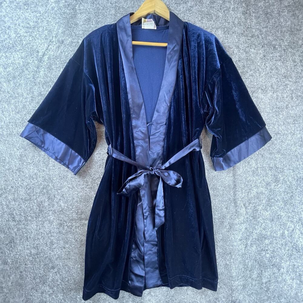 Vintage California Dynasty Robe Womens Small Blue Velour‎ Belted Shoulder Pads